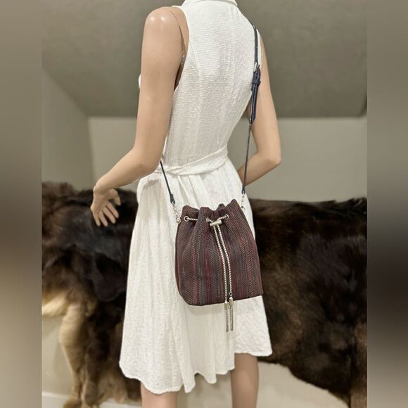 Colorful Stripe  Genuine Woven Leather Drawstring Bucket Bag & 3 Strap Styles - Picture 9 of 16